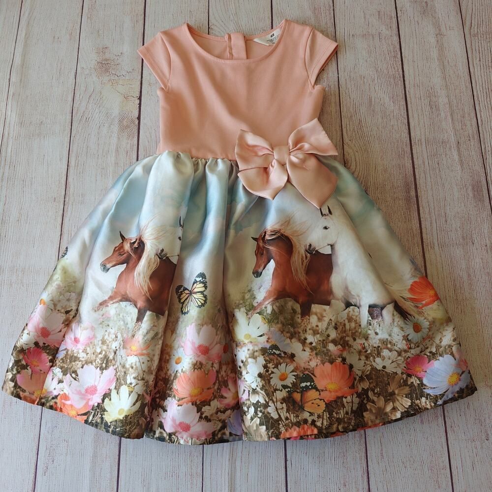H&M horse floral bow detail flared dress sz 6X/7 - Picture 4 of 12